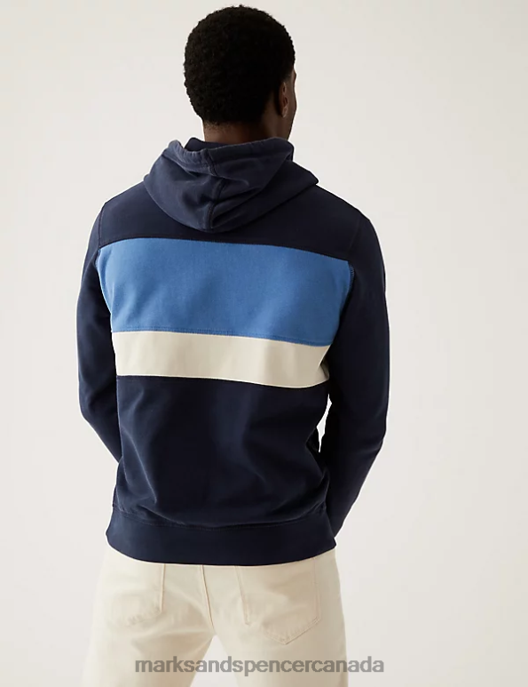 Marks and Spencer Canada - Men Dark Navy Clothing Marks & Spencer Pure Cotton Colour Block Hoodie 20VTD5729