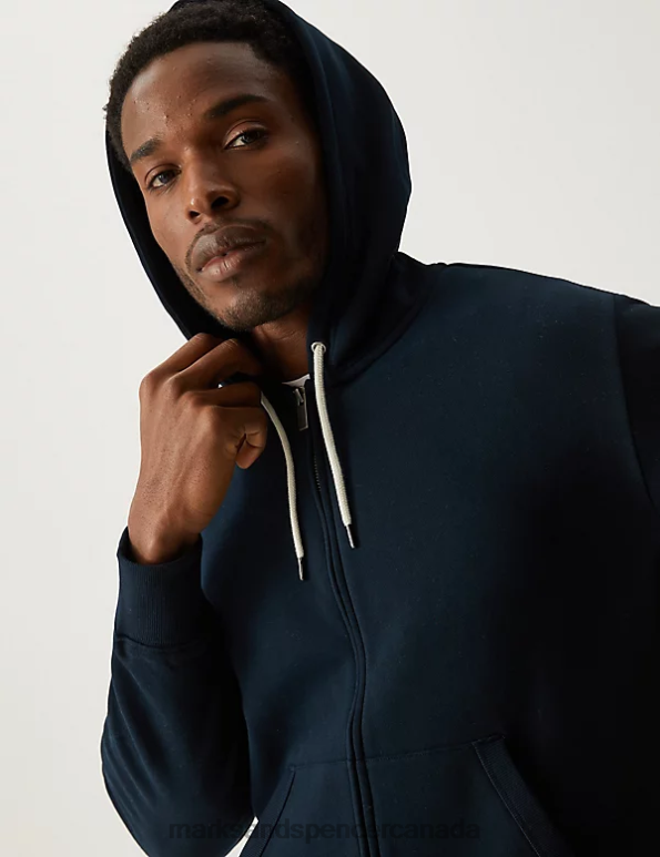 Men Dark Navy Clothing Marks & Spencer Pure Cotton Hoodie 20VTD7220 - Marks and Spencer outlet