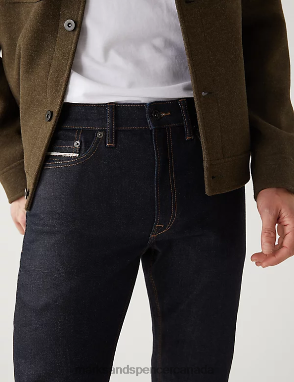 Men Dark Indigo Clothing Marks & Spencer Slim Fit Japanese Selvedge Stretch Jeans 20VTD5431 - Marks and Spencer Canada locations