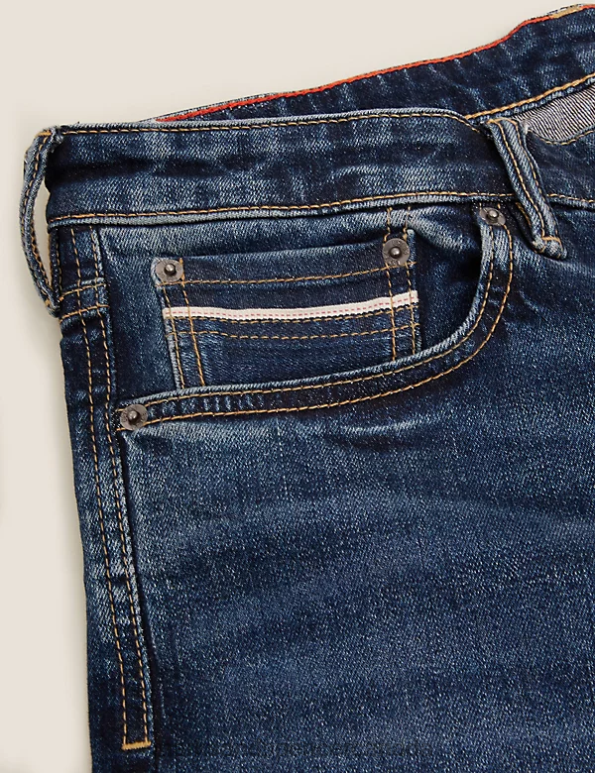 Men Med Blue Denim Clothing Marks & Spencer Slim Fit Japanese Selvedge Stretch Jeans 20VTD5447 - Marks and Spencer outlet
