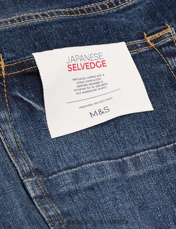 Men Med Blue Denim Clothing Marks & Spencer Slim Fit Japanese Selvedge Stretch Jeans 20VTD5447 - Marks and Spencer outlet