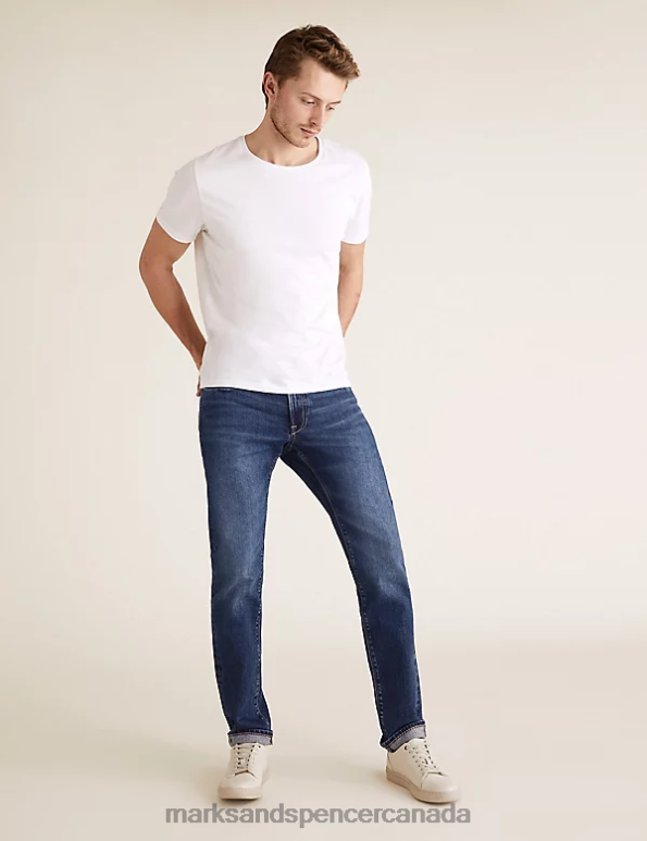 Men Med Blue Denim Clothing Marks & Spencer Slim Fit Japanese Selvedge Stretch Jeans 20VTD5447 - Marks and Spencer outlet