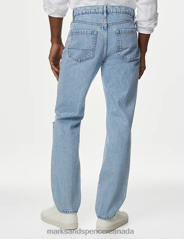 Men Soft Blue Clothing Marks & Spencer Straight Fit Pure Cotton Ripped Jeans 20VTD4947 - Marks and Spencer Canada locations