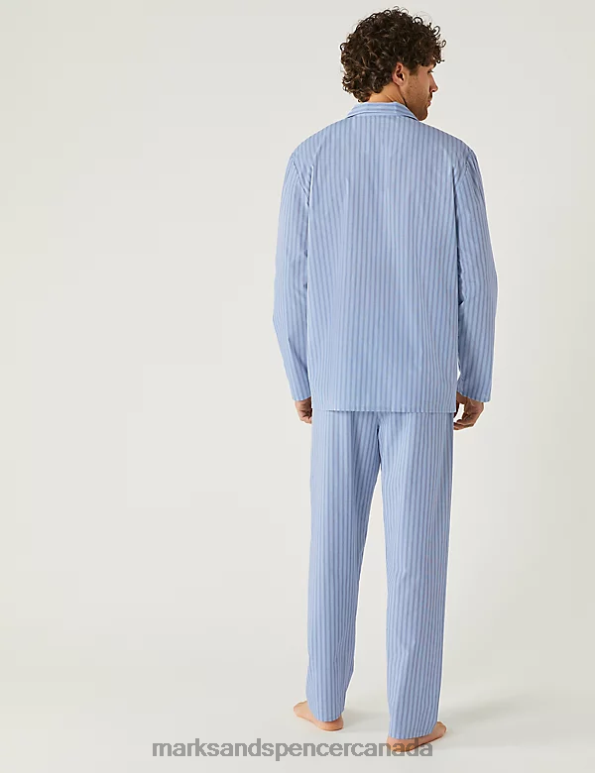 Men Blue Mix Clothing Marks & Spencer Cotton Blend Bengal Stripe Pyjama Set 20VTD5758 - Marks and Spencer outlet