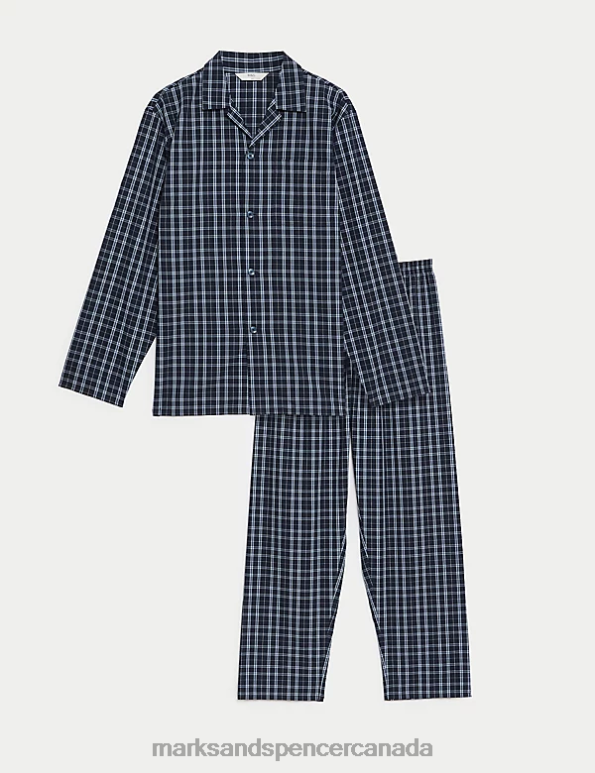 Marks and Spencer near me - Men Blue Mix Clothing Marks & Spencer Cotton Blend Checked Pyjama Set 20VTD5784
