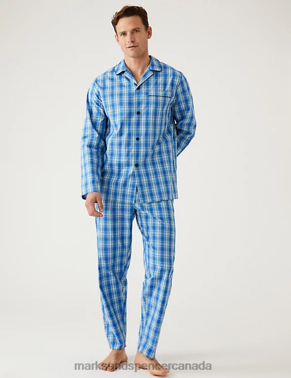 Men Blue Mix Clothing Marks & Spencer Pure Cotton Checked Pyjama Set 20VTD5241 - Marks and Spencer outlet