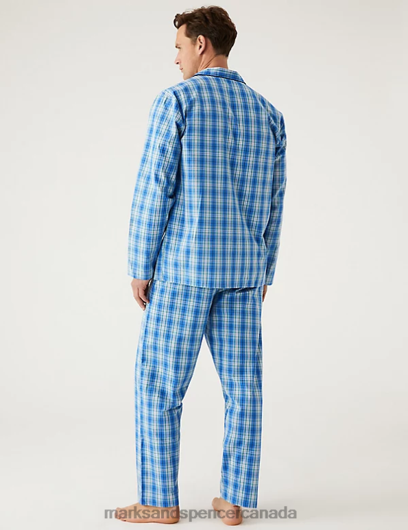 Men Blue Mix Clothing Marks & Spencer Pure Cotton Checked Pyjama Set 20VTD5241 - Marks and Spencer outlet
