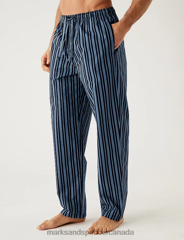 Men Blue Mix Clothing Marks & Spencer Pure Cotton Striped Slogan Pyjama Set 20VTD6418 - Marks and Spencer Canada locations
