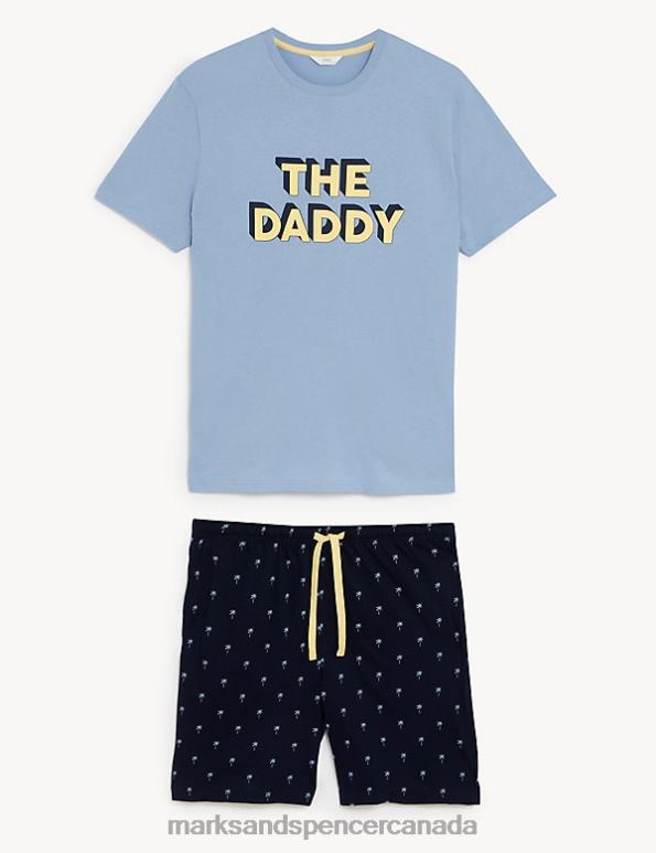 Men Blue Mix Clothing Marks & Spencer Pure Cotton The Daddy Slogan Pyjama Set 20VTD5282 - Marks and Spencer online