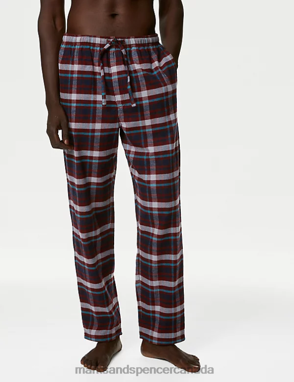 Men Burgundy Mix Clothing Marks & Spencer 2pk Brushed Cotton Checked Pyjama Bottoms 20VTD4853 - Marks and Spencer Canada locations