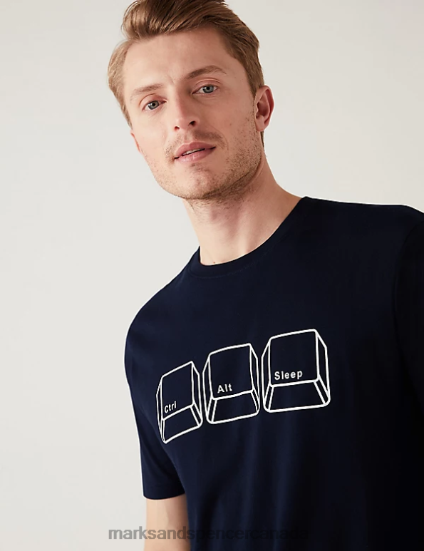 Men Dark Navy Clothing Marks & Spencer Pure Cotton Computer Graphic Loungewear Top 20VTD6808 - Marks and Spencer outlet