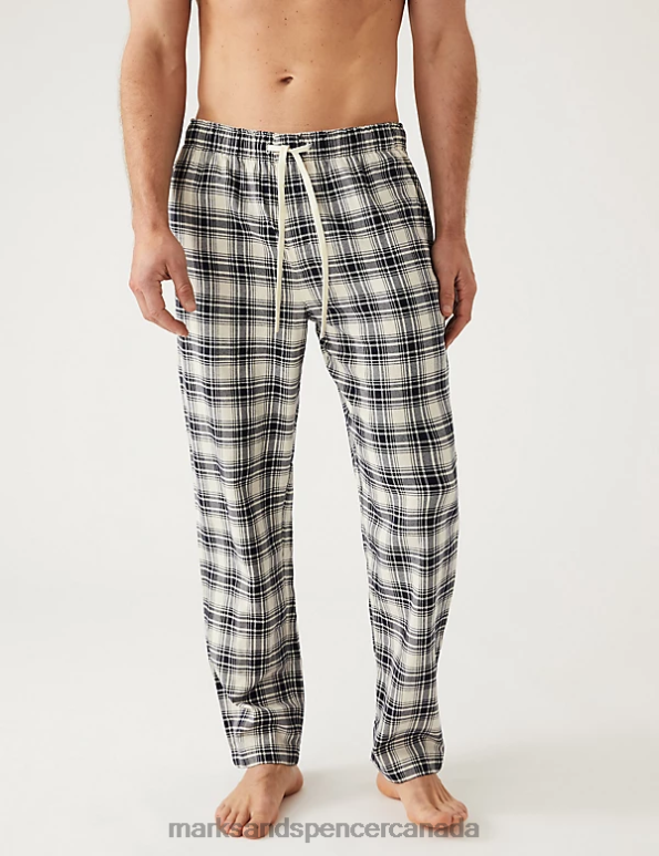 Men Ivory Mix Clothing Marks & Spencer Pure Cotton Checked Pyjama Bottoms 20VTD5929 - Marks and Spencer online