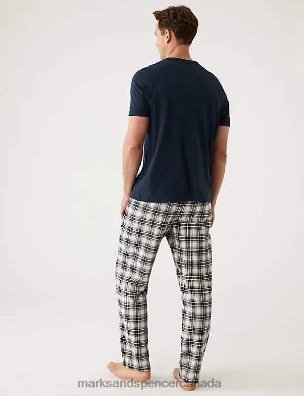 Men Ivory Mix Clothing Marks & Spencer Pure Cotton Checked Pyjama Bottoms 20VTD5929 - Marks and Spencer online