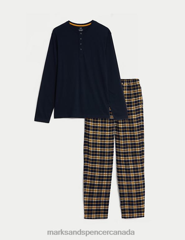 Men Navy Mix Clothing Marks & Spencer Brushed Cotton Checked Pyjama Set 20VTD5938 - Marks and Spencer Canada locations