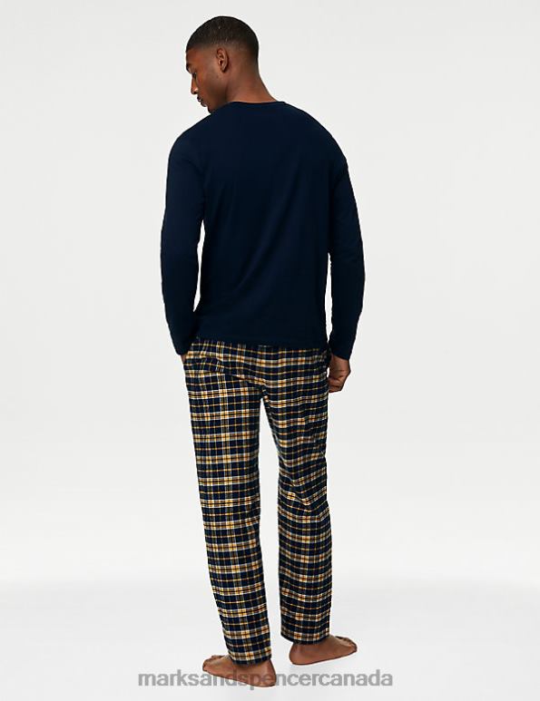 Men Navy Mix Clothing Marks & Spencer Brushed Cotton Checked Pyjama Set 20VTD5938 - Marks and Spencer Canada locations
