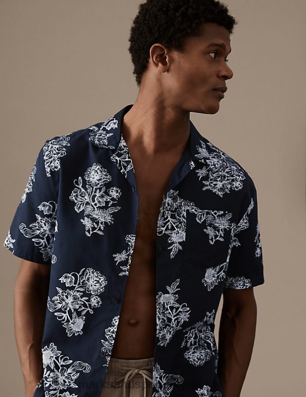 Marks and Spencer Canada - Men Navy Mix Clothing Marks & Spencer Cotton Rich Floral Print Pyjama Top 20VTD6516
