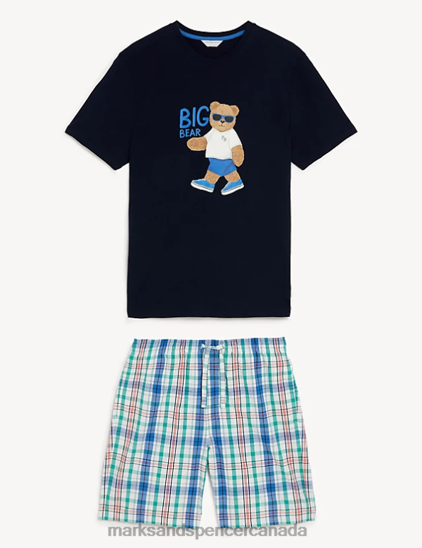 Marks and Spencer sale - Men Navy Mix Clothing Marks & Spencer Pure Cotton Big Bear Graphic Pyjama Set 20VTD5663