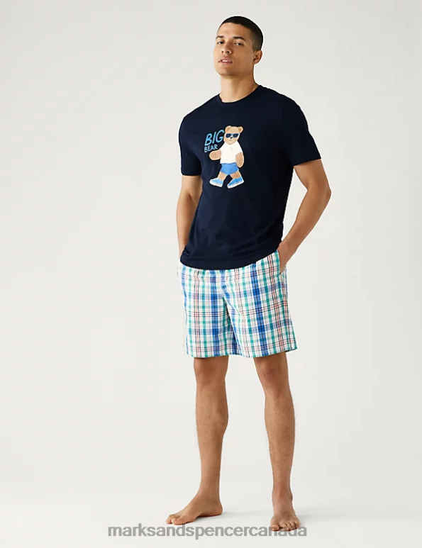 Marks and Spencer sale - Men Navy Mix Clothing Marks & Spencer Pure Cotton Big Bear Graphic Pyjama Set 20VTD5663