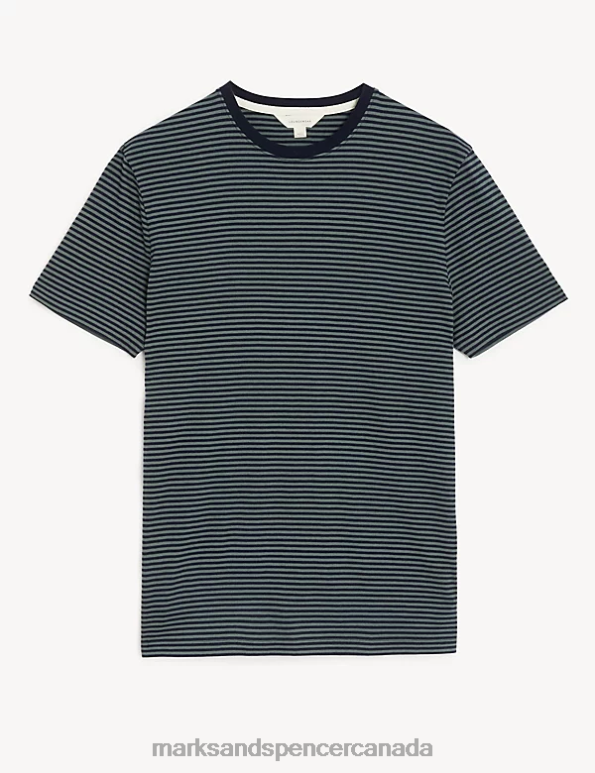Men Navy Mix Clothing Marks & Spencer Pure Cotton Striped Loungewear Top 20VTD6622 - Marks and Spencer outlet