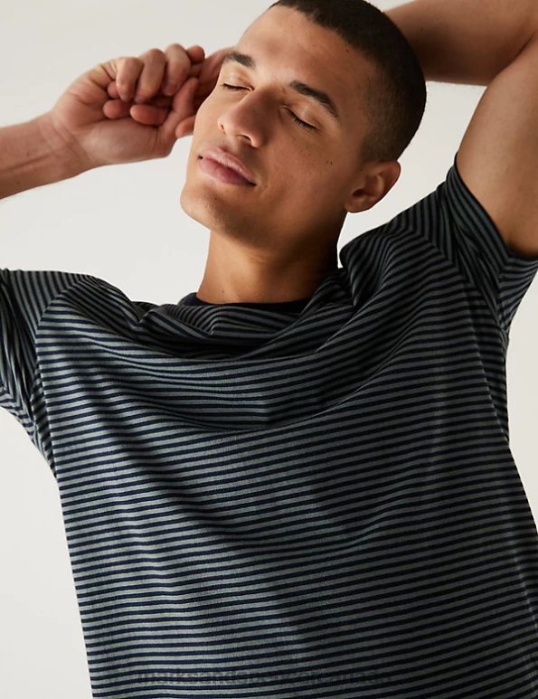Men Navy Mix Clothing Marks & Spencer Pure Cotton Striped Loungewear Top 20VTD6622 - Marks and Spencer outlet