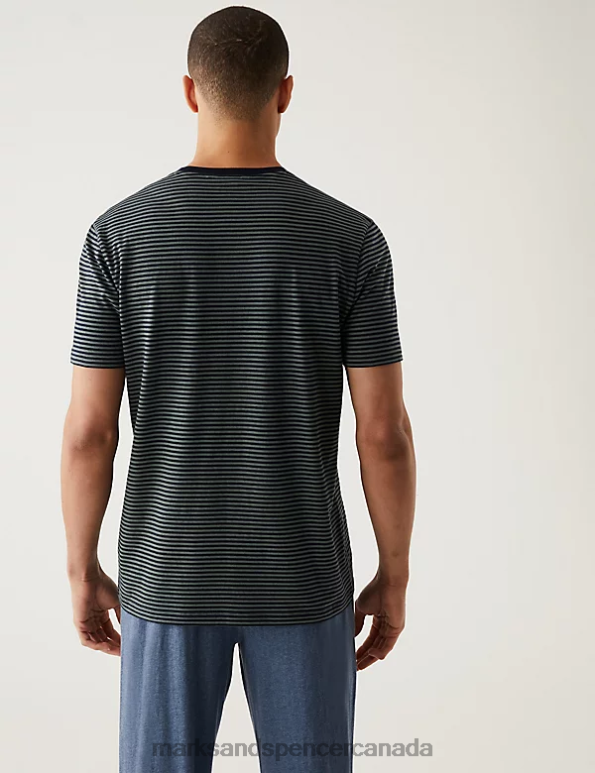 Men Navy Mix Clothing Marks & Spencer Pure Cotton Striped Loungewear Top 20VTD6622 - Marks and Spencer outlet