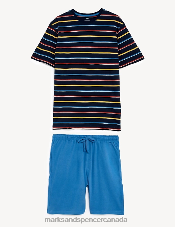 Men Navy Mix Clothing Marks & Spencer Pure Cotton Striped Pyjama Set 20VTD5027 - Marks and Spencer Canada locations