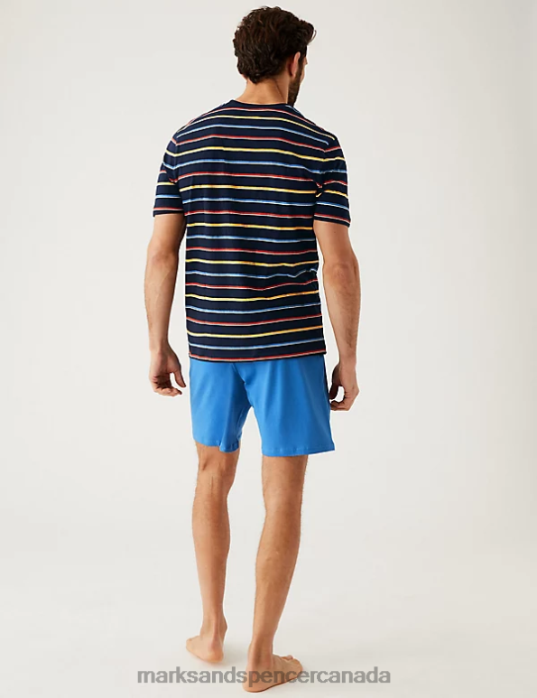 Men Navy Mix Clothing Marks & Spencer Pure Cotton Striped Pyjama Set 20VTD5027 - Marks and Spencer Canada locations