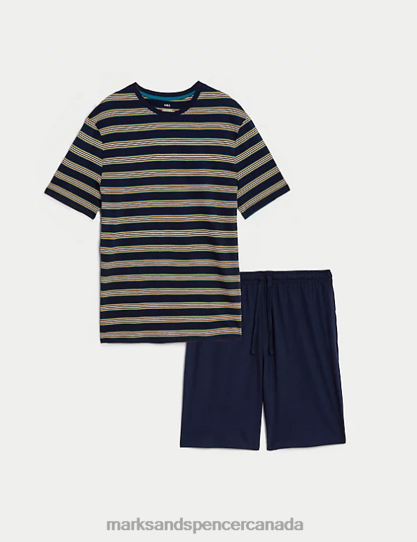 Men Navy Mix Clothing Marks & Spencer Pure Cotton Striped Pyjama Set 20VTD5046 - Marks and Spencer outlet