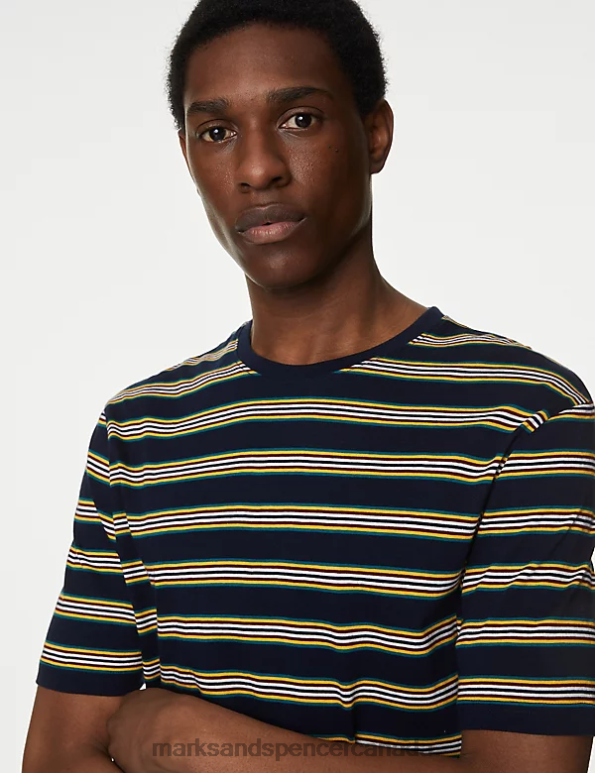 Men Navy Mix Clothing Marks & Spencer Pure Cotton Striped Pyjama Set 20VTD5046 - Marks and Spencer outlet