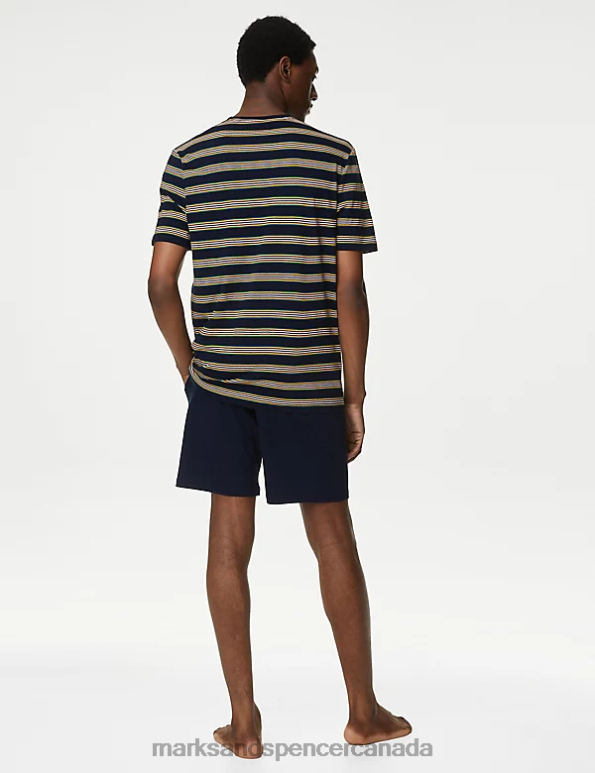 Men Navy Mix Clothing Marks & Spencer Pure Cotton Striped Pyjama Set 20VTD5046 - Marks and Spencer outlet