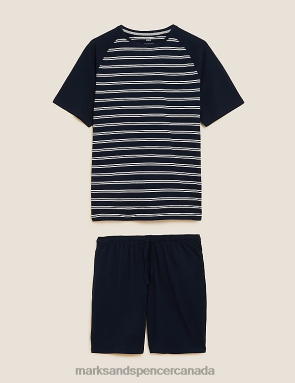 Men Navy Mix Clothing Marks & Spencer Pure Cotton Striped Pyjama Set 20VTD6384 - Marks and Spencer online