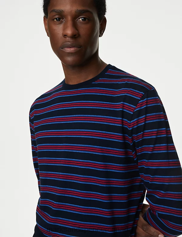 Marks and Spencer sale - Men Navy Mix Clothing Marks & Spencer Pure Cotton Striped Pyjama Set 20VTD6555