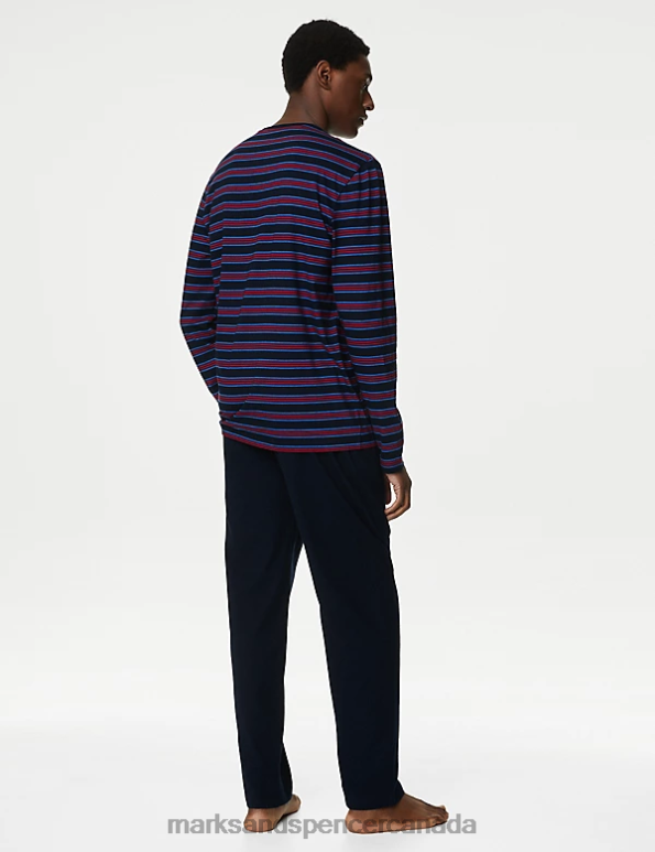 Marks and Spencer sale - Men Navy Mix Clothing Marks & Spencer Pure Cotton Striped Pyjama Set 20VTD6555