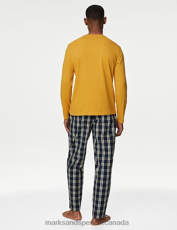Men Yellow Mix Clothing Marks & Spencer Pure Cotton Checked Pyjama Set 20VTD4966 - Marks and Spencer outlet