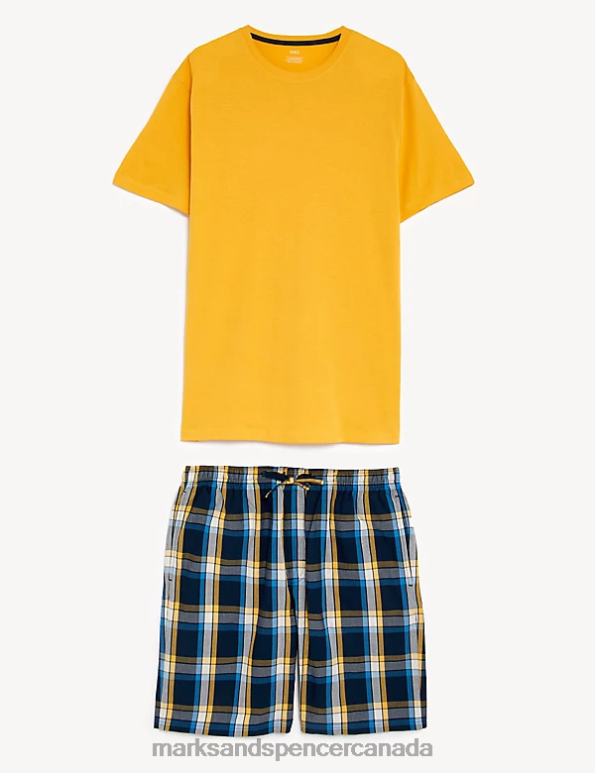 Men Yellow Mix Clothing Marks & Spencer Pure Cotton Checked Pyjama Set 20VTD5947 - Marks and Spencer outlet