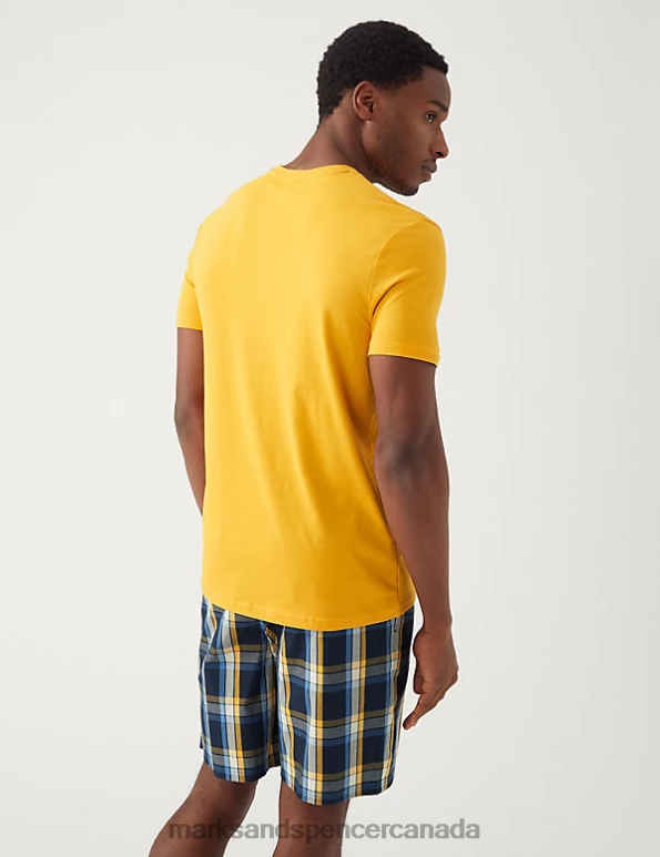 Men Yellow Mix Clothing Marks & Spencer Pure Cotton Checked Pyjama Set 20VTD5947 - Marks and Spencer outlet