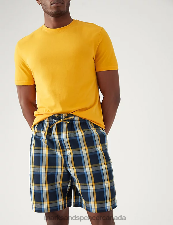 Men Yellow Mix Clothing Marks & Spencer Pure Cotton Checked Pyjama Set 20VTD5947 - Marks and Spencer outlet