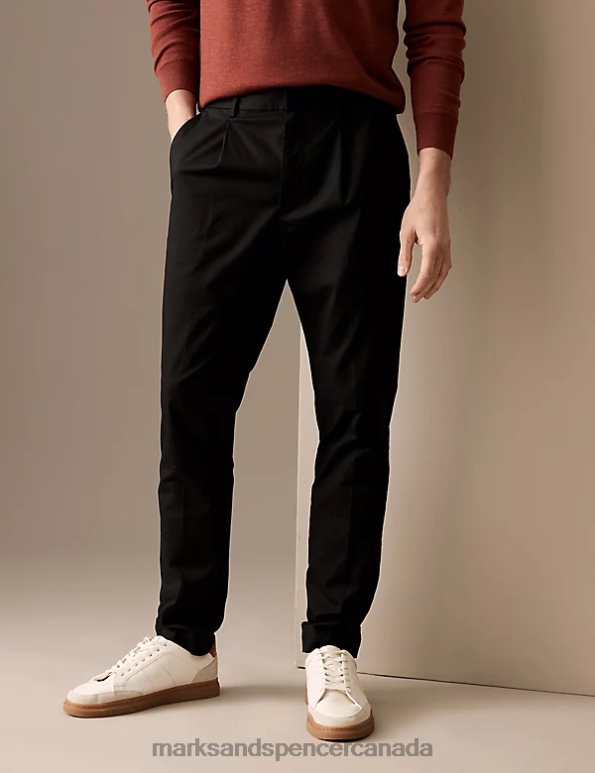 Marks and Spencer sale - Men Black Clothing Marks & Spencer Tapered Fit Pleat Front Stretch Chinos 20VTD5561