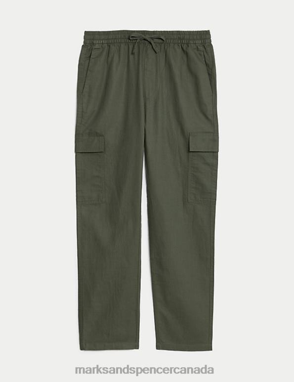 Marks and Spencer Canada - Men Dark Khaki Clothing Marks & Spencer Tapered Fit Linen Blend Cargo Trousers 20VTD5044