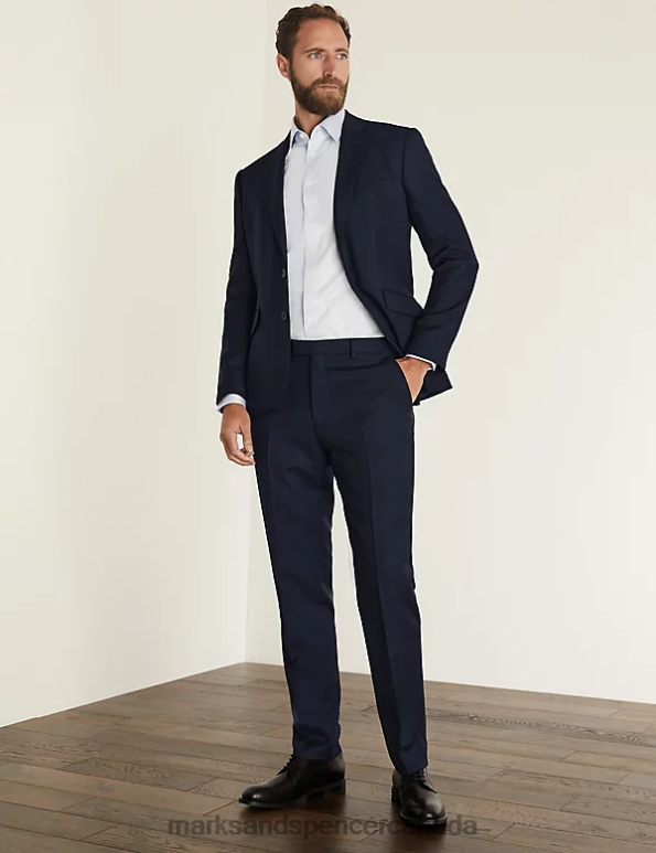 Marks and Spencer Canada - Men Medium Navy Clothing Marks & Spencer Slim Fit Pure Wool Birdseye Trousers 20VTD6159