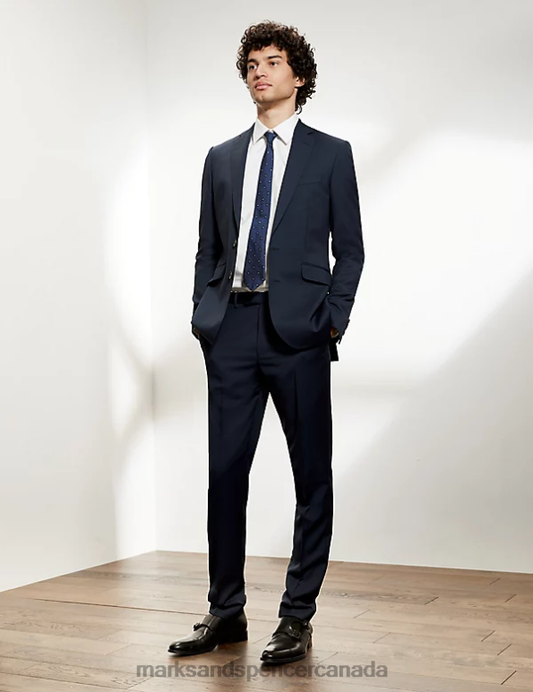 Men Medium Navy Clothing Marks & Spencer Slim Fit Pure Wool Twill Trousers 20VTD6149 - Marks and Spencer outlet