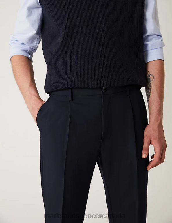 Men Navy Clothing Marks & Spencer Regular Fit Single Pleat Trousers with Active Waist 20VTD5140 - Marks and Spencer Canada locations