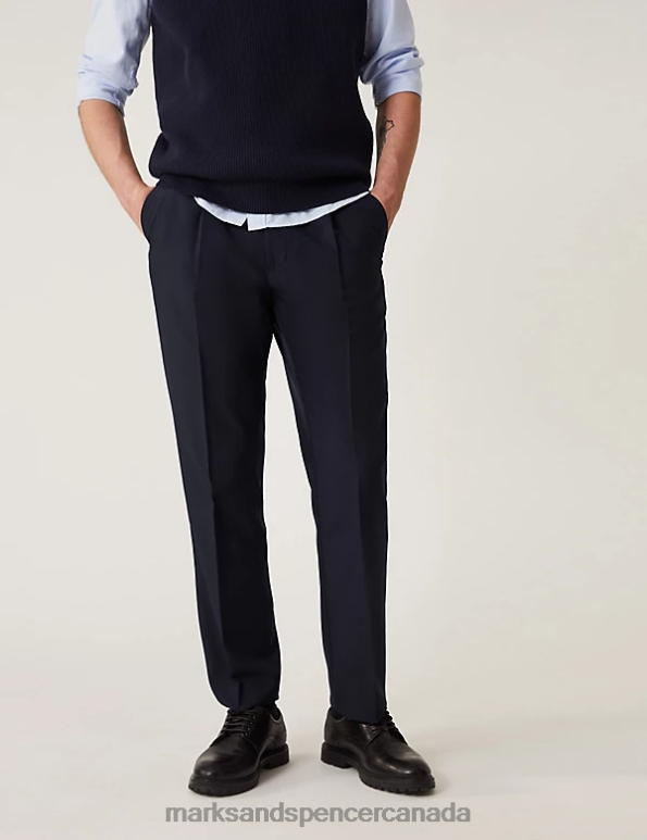 Men Navy Clothing Marks & Spencer Regular Fit Single Pleat Trousers with Active Waist 20VTD5140 - Marks and Spencer Canada locations