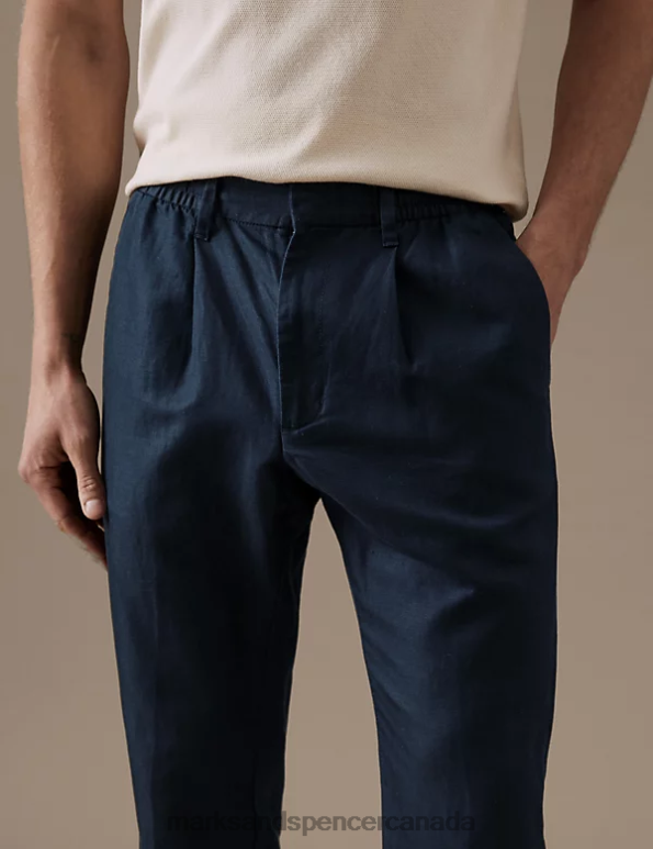 Marks and Spencer near me - Men Navy Clothing Marks & Spencer Tapered Fit Linen Blend Trousers 20VTD5402