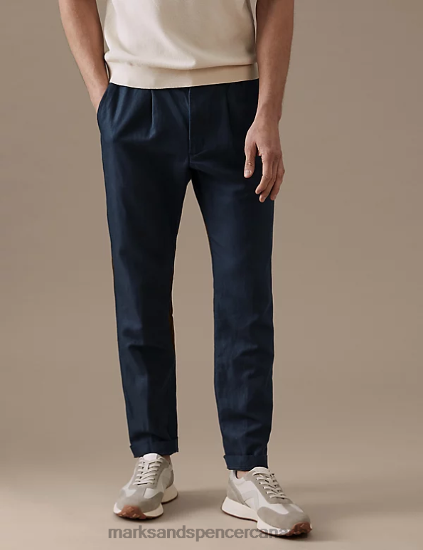 Marks and Spencer near me - Men Navy Clothing Marks & Spencer Tapered Fit Linen Blend Trousers 20VTD5402