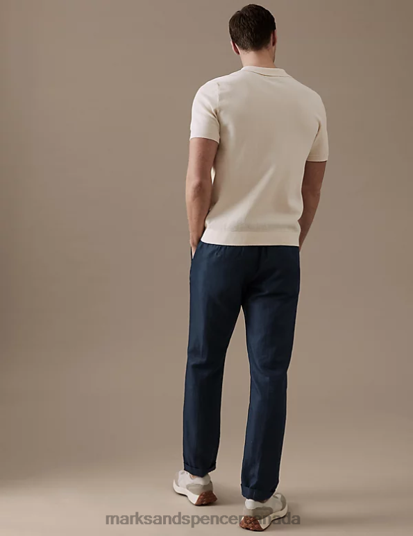 Marks and Spencer near me - Men Navy Clothing Marks & Spencer Tapered Fit Linen Blend Trousers 20VTD5402