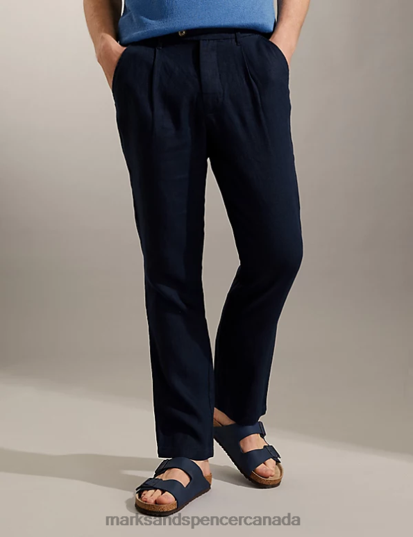 Marks and Spencer sale - Men Navy Clothing Marks & Spencer Tapered Fit Pure Linen Single Pleat Trousers 20VTD5277