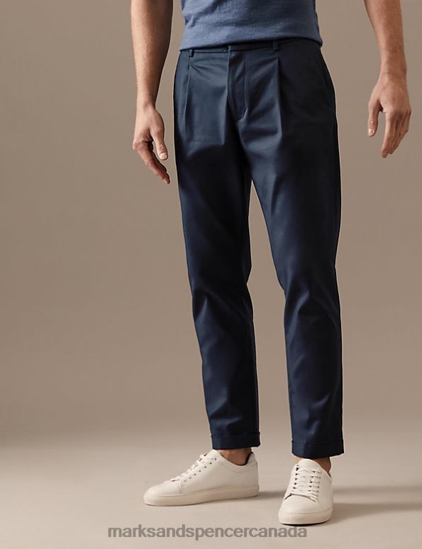 Men Navy Clothing Marks & Spencer Tapered Fit Single Pleat Trousers 20VTD6481 - Marks and Spencer online