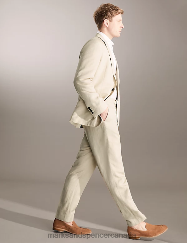 Marks and Spencer Canada - Men Stone Clothing Marks & Spencer Regular Fit Italian Silk And Linen Trousers 20VTD6814