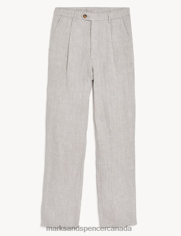 Marks and Spencer Canada - Men Stone Clothing Marks & Spencer Tapered Fit Pure Linen Single Pleat Trousers 20VTD4926